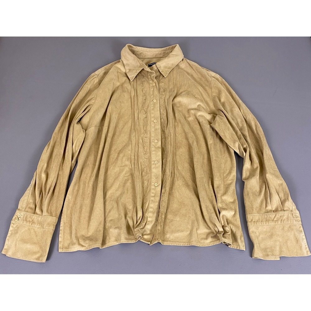 Norton McNaughton Faux Suede Blouse Top‎ Woman 3X Tan Embroidered Button Down*